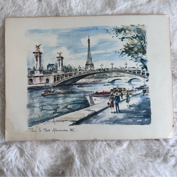 2 Vintage Peter Arno Paris Watercolors signed MCM 1960s Notre Dame Eiffel Tower - Picture 3 of 7